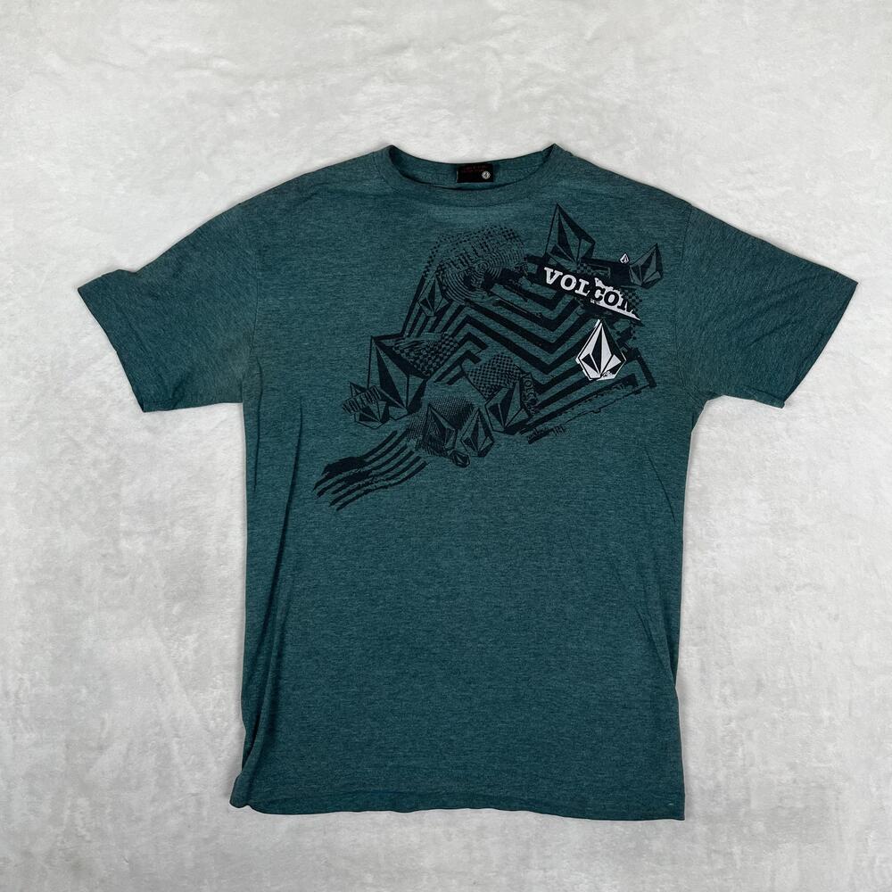 Volcom T-Shirt Mens M Green Geometric Stone Logo Graphic Skate Surf Y2K READ